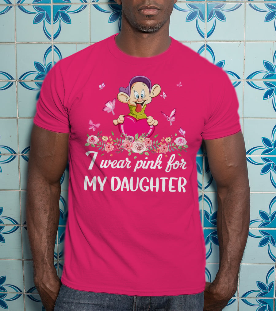 I Wear Pink For My Daughter Dopey Holding Heart With Butterflies And Flowers T-Shirt