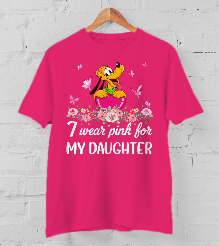 I Wear Pink For My Daughter Pluto Disney Floral Butterflies T-Shirt