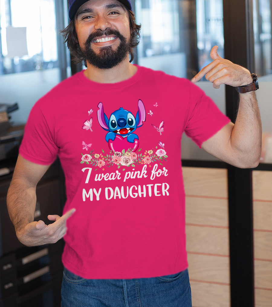 I Wear Pink For My Daughter Stitch Butterfly Roses T-Shirt