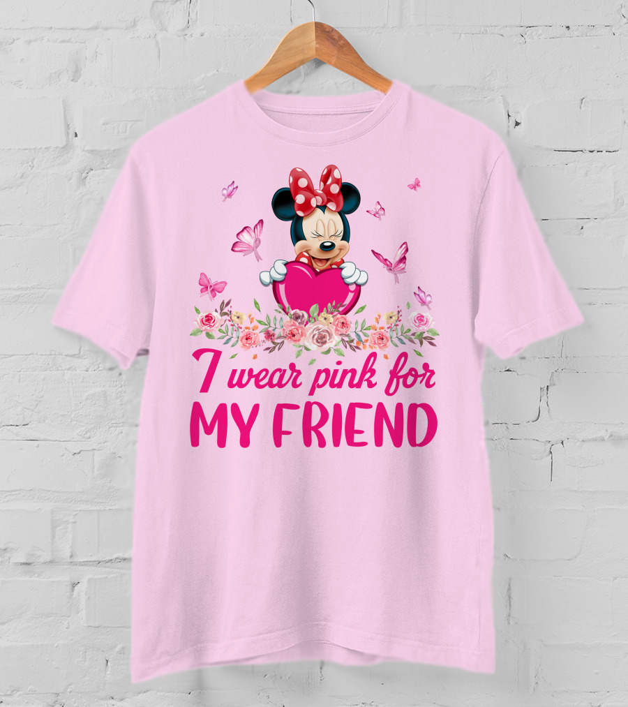 Minnie I Wear Pink For My Friend Floral Heart Butterflies T-Shirt