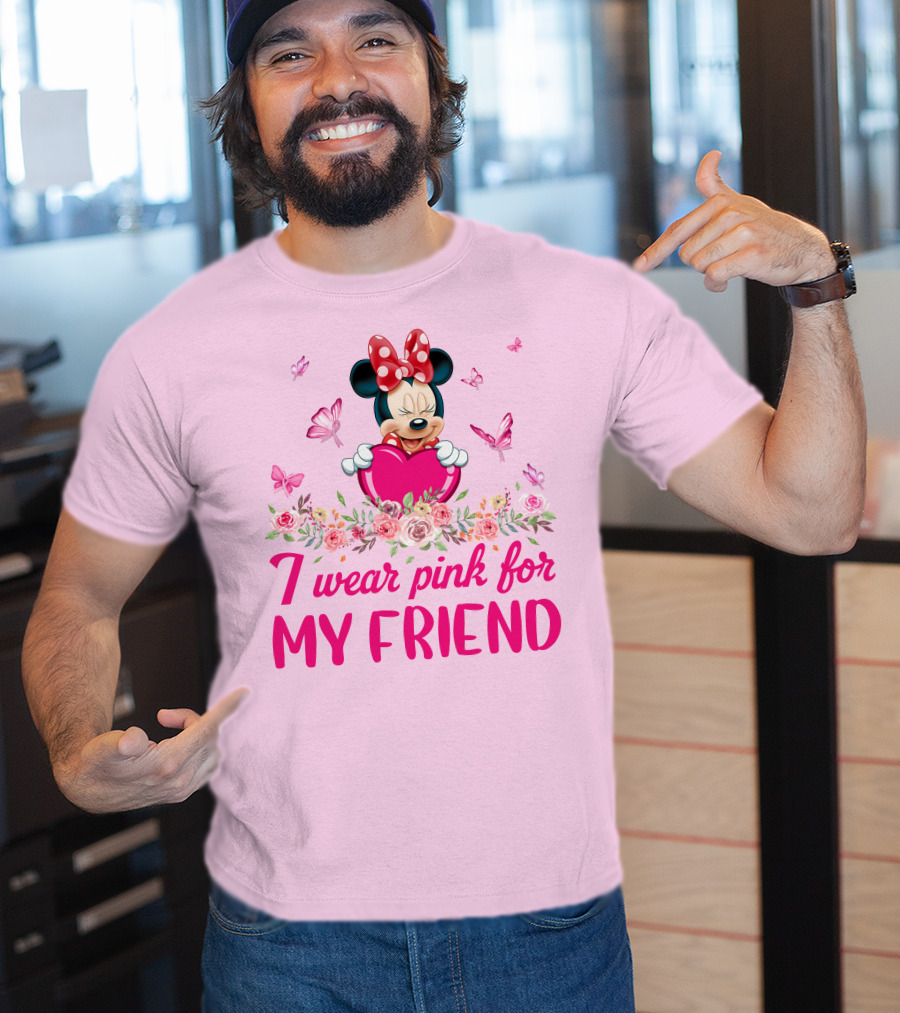 Minnie I Wear Pink For My Friend Floral Heart Butterflies T-Shirt