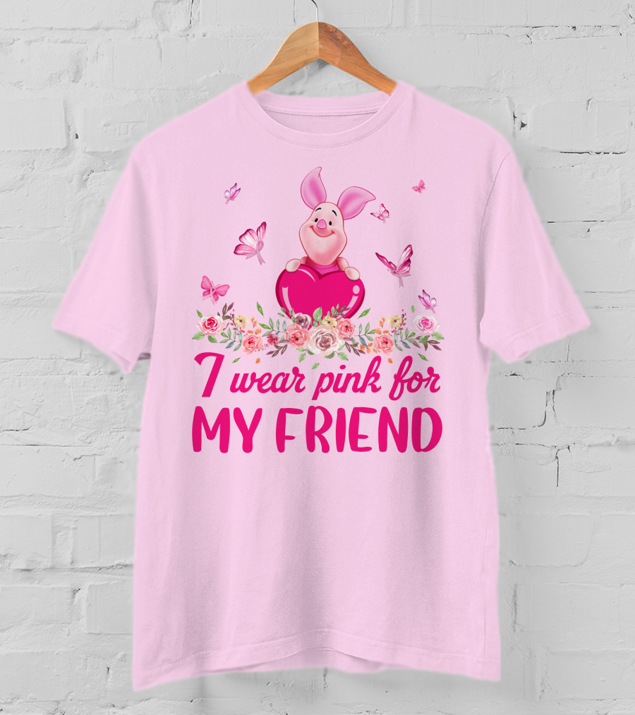 I Wear Pink For My Friend Piglet Floral Butterflies T-Shirt