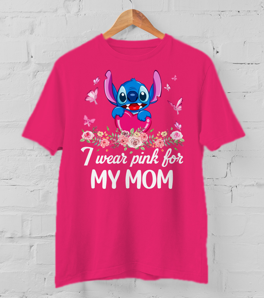 I Wear Pink For My Mom Stitch Floral Butterflies T-Shirt
