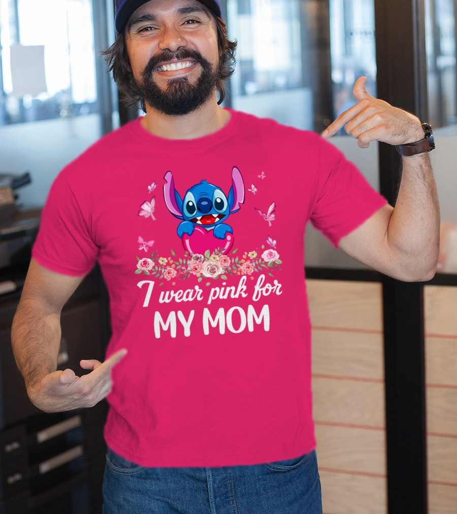 I Wear Pink For My Mom Stitch Floral Butterflies T-Shirt