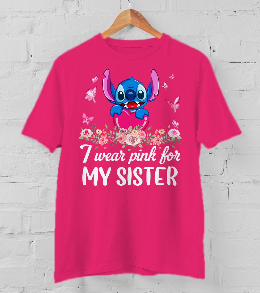 I Wear Pink For My Sister Stitch Butterfly Floral T-Shirt
