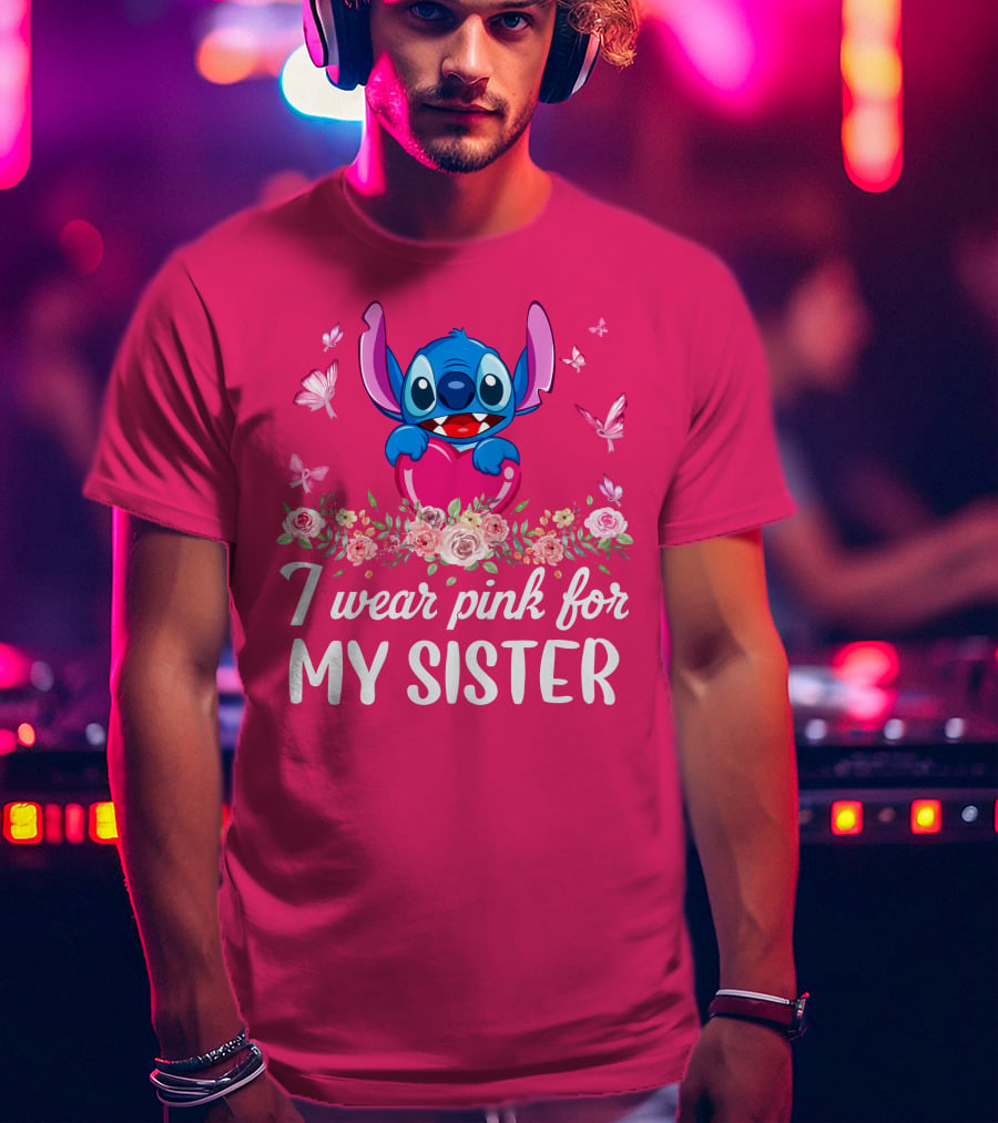 I Wear Pink For My Sister Stitch Butterfly Floral T-Shirt
