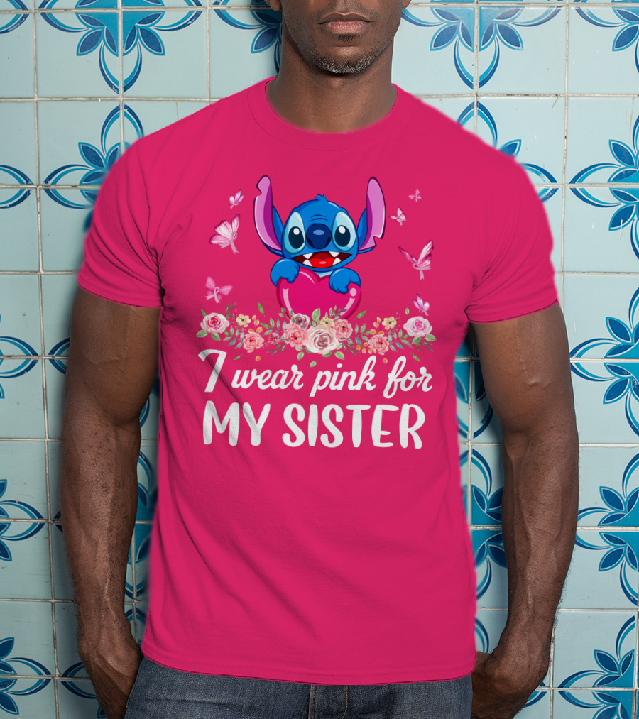 I Wear Pink For My Sister Stitch Butterfly Floral T-Shirt