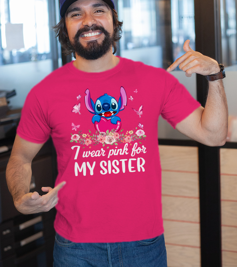 I Wear Pink For My Sister Stitch Butterfly Floral T-Shirt