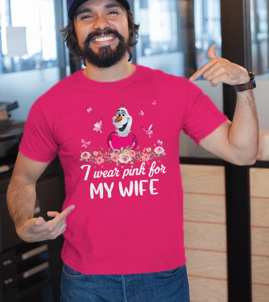 I Wear Pink For My Wife Olaf Roses Butterflies T-Shirt