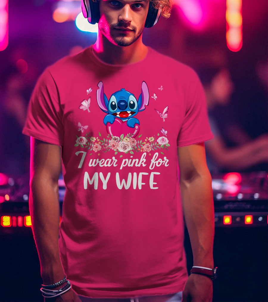 Stitch I Wear Pink For My Wife Butterfly And Floral T-Shirt
