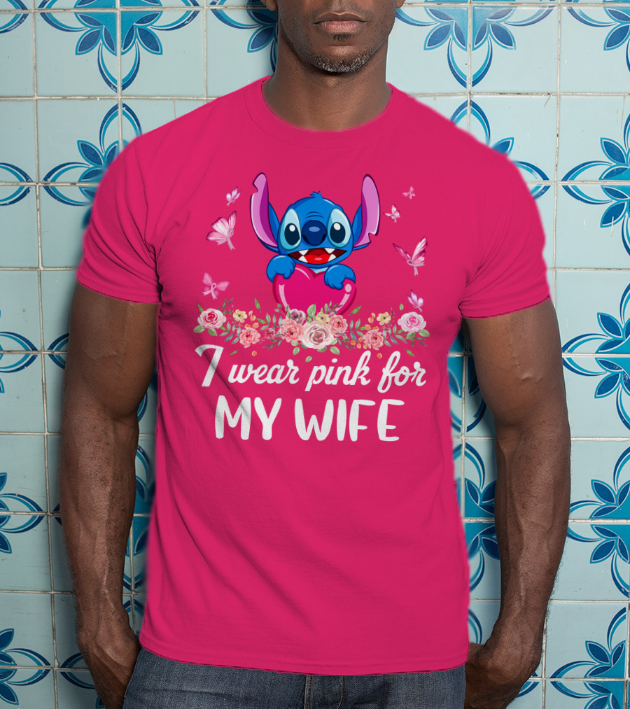 Stitch I Wear Pink For My Wife Butterfly And Floral T-Shirt
