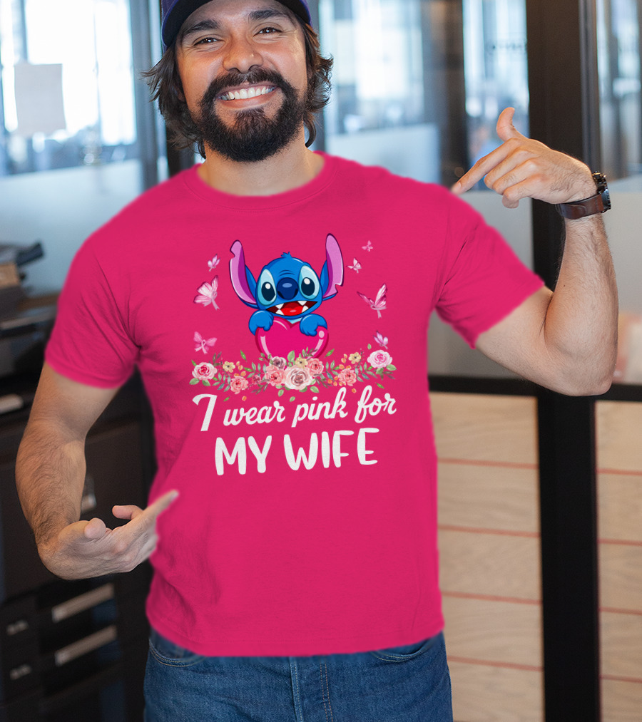 Stitch I Wear Pink For My Wife Butterfly And Floral T-Shirt
