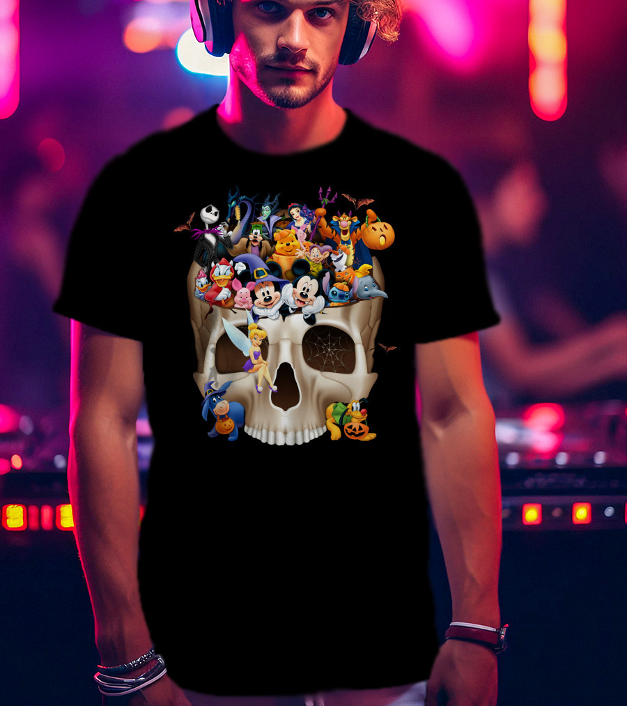Disney Halloween Skull Characters Mickey Maleficent Jack Skellington Tinker Bell Stitch Donald Goofy T-Shirt
