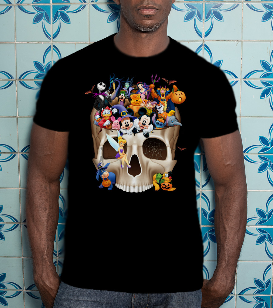 Disney Halloween Skull Characters Mickey Maleficent Jack Skellington Tinker Bell Stitch Donald Goofy T-Shirt