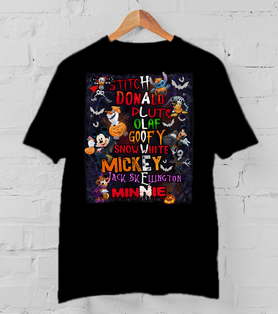 Stitch Donald Pluto Olaf Goofy Snow White Mickey Jack Skellington Minnie Halloween Disney Characters T-Shirt