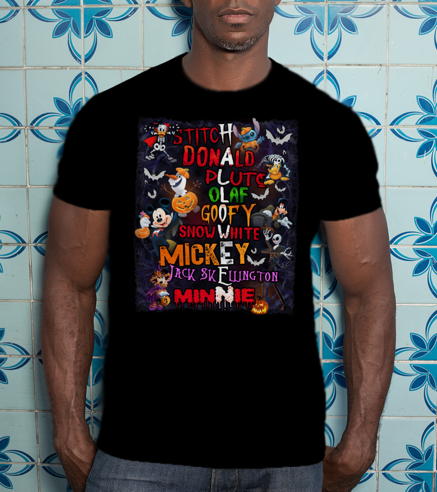 Stitch Donald Pluto Olaf Goofy Snow White Mickey Jack Skellington Minnie Halloween Disney Characters T-Shirt
