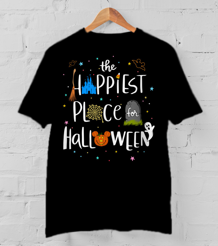 The Happiest Place For Halloween Spooky Castle Mickey Pumpkin Ghost Bats T-Shirt