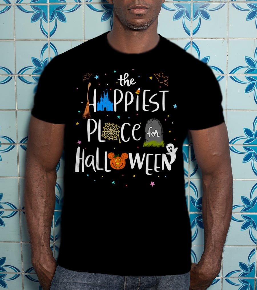 The Happiest Place For Halloween Spooky Castle Mickey Pumpkin Ghost Bats T-Shirt