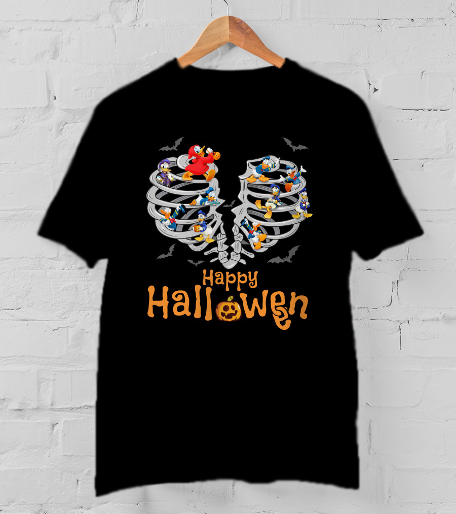 Happy Halloween With Donald Duck And Ribcage Skeleton T-Shirt