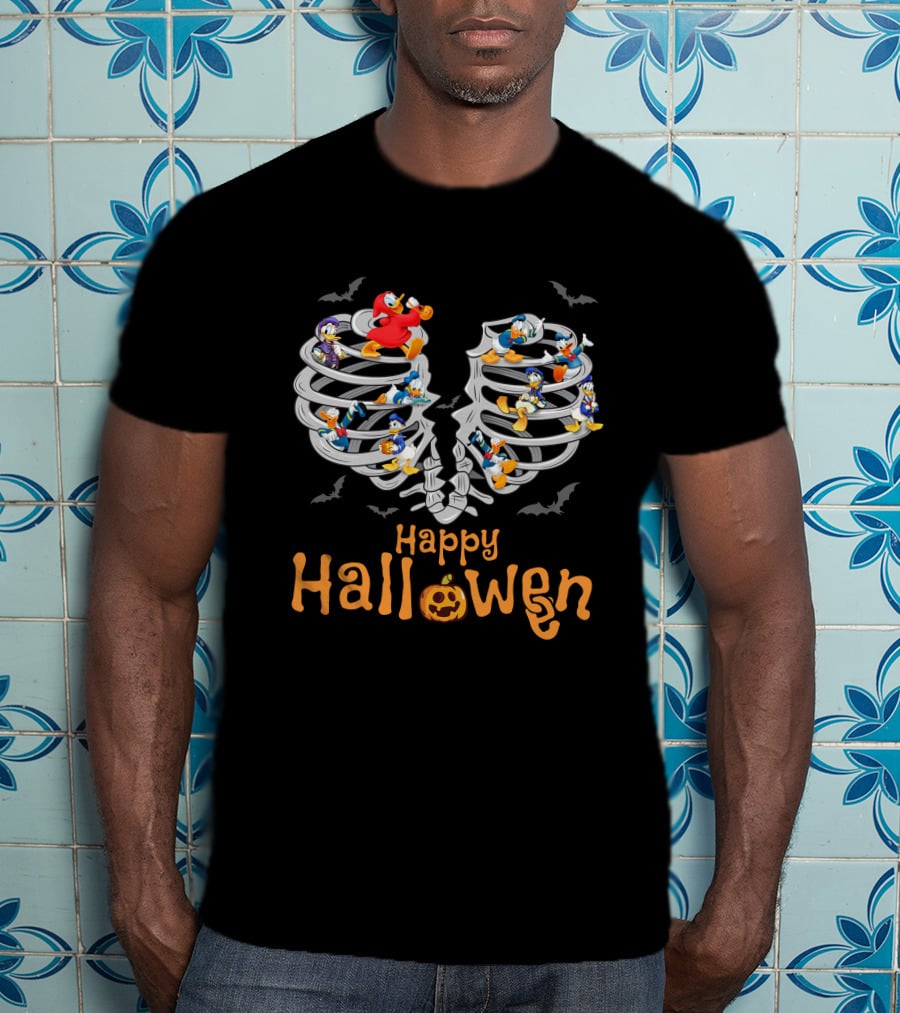 Happy Halloween With Donald Duck And Ribcage Skeleton T-Shirt