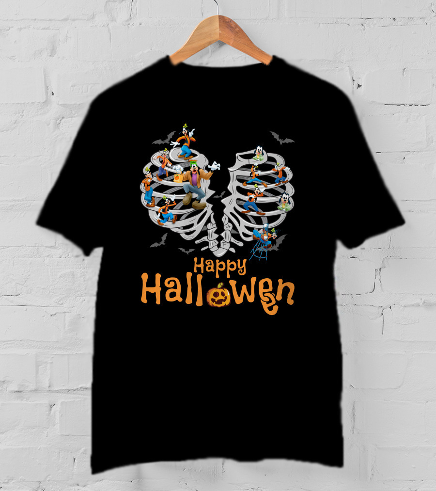 Happy Halloween Goofy Skeleton Ribcage Bats T-Shirt