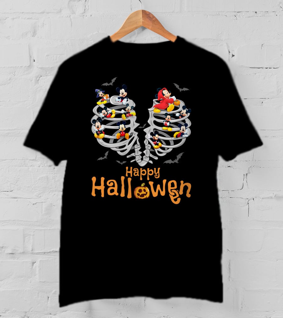 Happy Halloween Mickey Rib Skeleton Bats T-Shirt