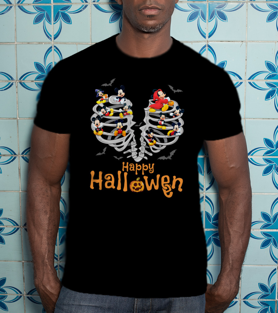 Happy Halloween Mickey Rib Skeleton Bats T-Shirt