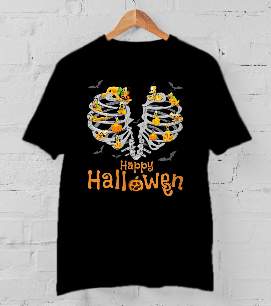 Happy Halloween Pluto Dog Skeleton Bats Pumpkin T-Shirt