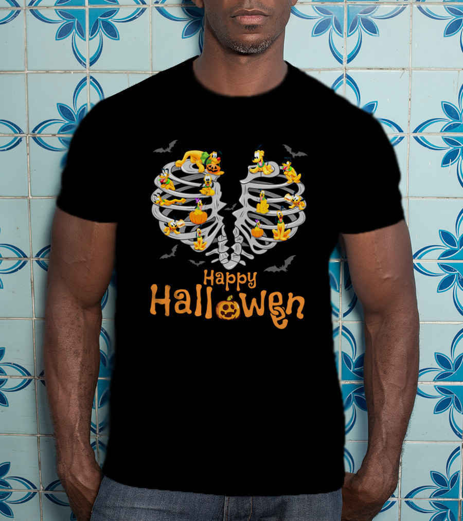 Happy Halloween Pluto Dog Skeleton Bats Pumpkin T-Shirt