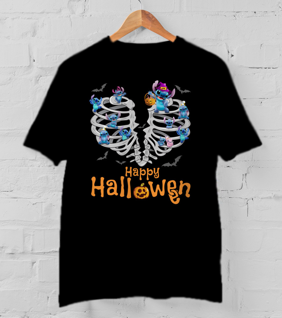 Happy Halloween Stitch Skeleton Ribcage Bats T-Shirt