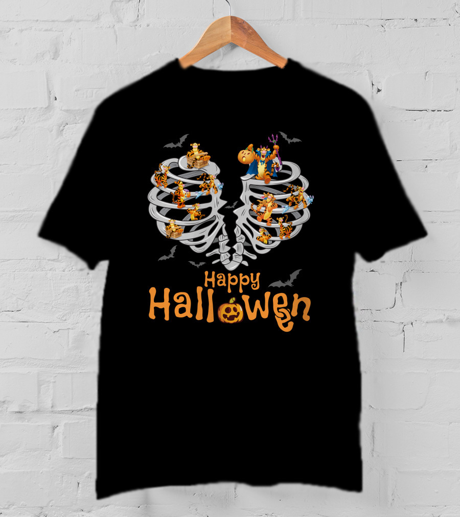 Happy Halloween Tigger Skeleton Ribcage Bat Pumpkin T-Shirt