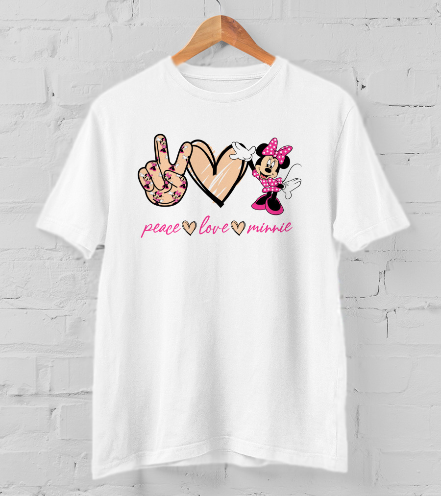 Peace Love Minnie Mouse Floral Pattern Pink Bow T-Shirt