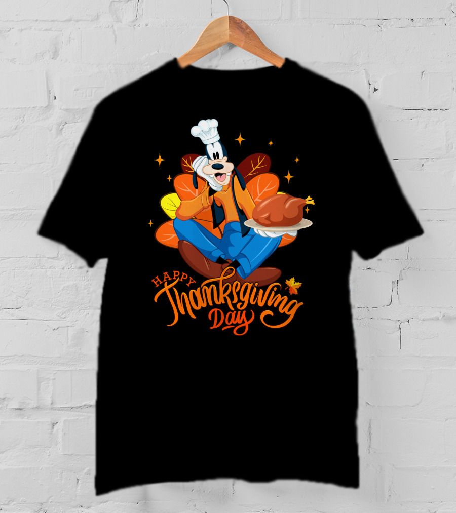 Happy Thanksgiving Day Goofy Chef With Turkey And Autumn Leaves T-Shirt