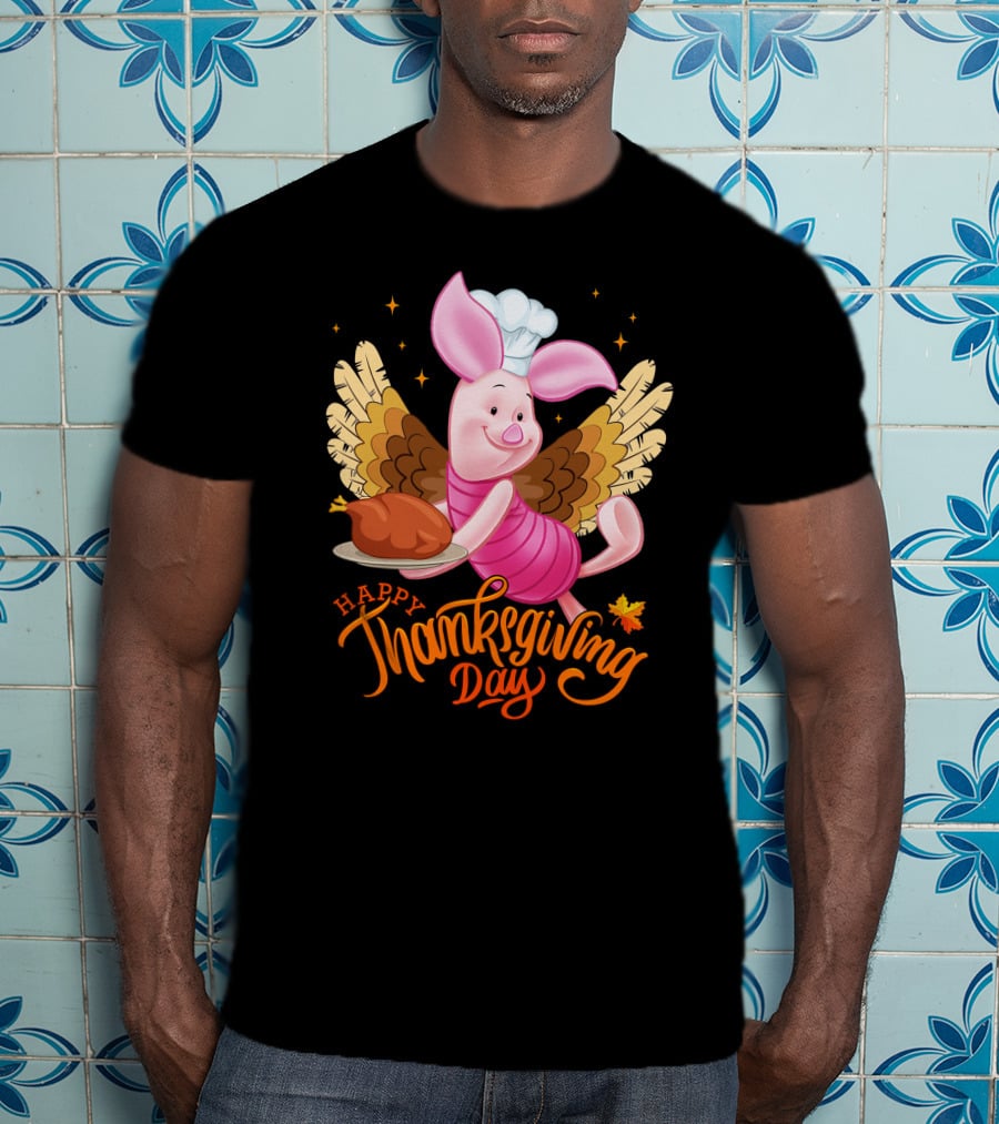 Happy Thanksgiving Day Piglet Chef With Turkey And Wings T-Shirt