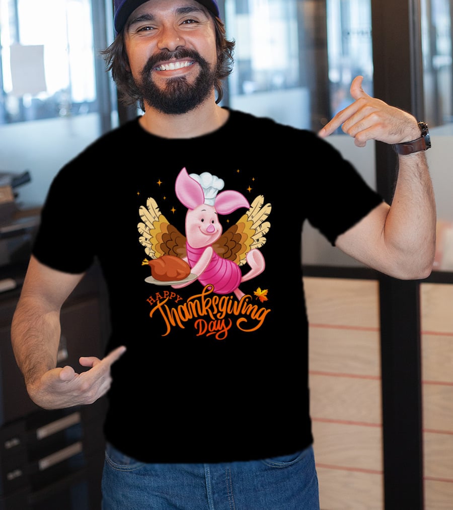 Happy Thanksgiving Day Piglet Chef With Turkey And Wings T-Shirt