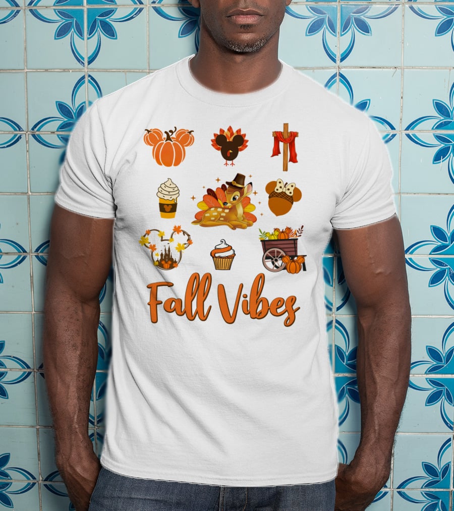 Fall Vibes Bambi Pumpkin Coffee Castle Mickey Ears Thanksgiving T-Shirt