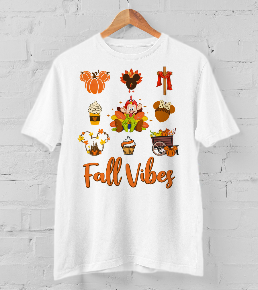 Fall Vibes Dopey Pumpkin Autumn Harvest Cupcake Thanksgiving Coffee Mickey Ears T-Shirt