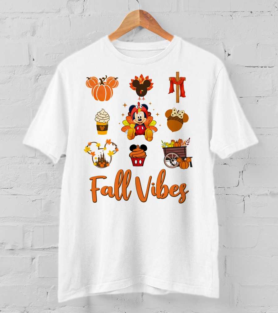 Fall Vibes Mickey Pumpkin Mouse Ears Thanksgiving Cupcake Harvest Decor T-Shirt