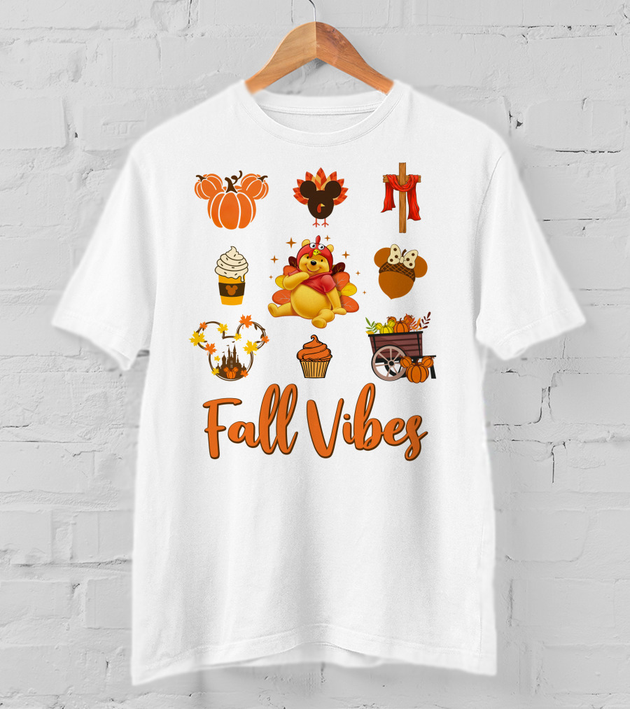 Fall Vibes Pooh Thanksgiving Pumpkin Cupcake Latte Turkey Cart T-Shirt