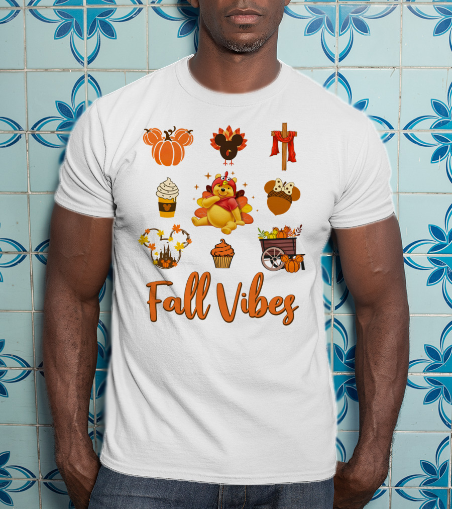 Fall Vibes Pooh Thanksgiving Pumpkin Cupcake Latte Turkey Cart T-Shirt