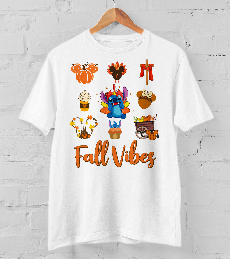 Stitch Fall Vibes Pumpkin Mickey Cupcake Autumn Cart Wagon Disney T-Shirt