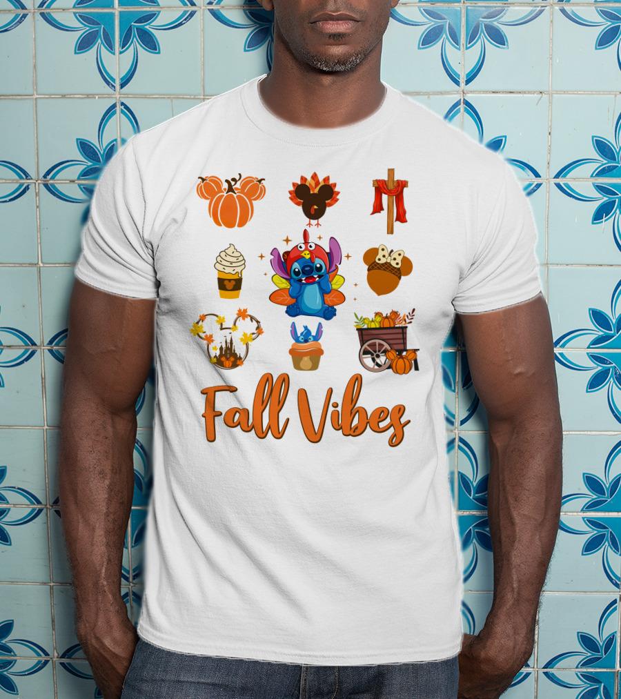 Stitch Fall Vibes Pumpkin Mickey Cupcake Autumn Cart Wagon Disney T-Shirt