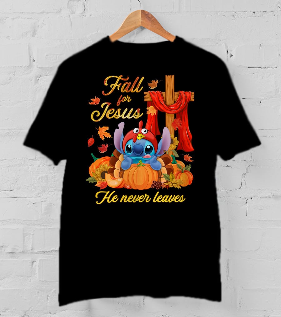 Fall For Jesus He Never Leaves Stitch Pumpkin Cross Autumn T-Shirt