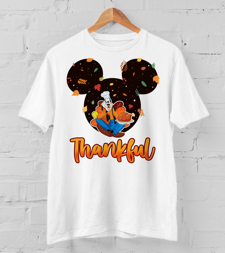 Thankful Goofy Chef With Turkey And Autumn Leaves Mickey Ears T-Shirt