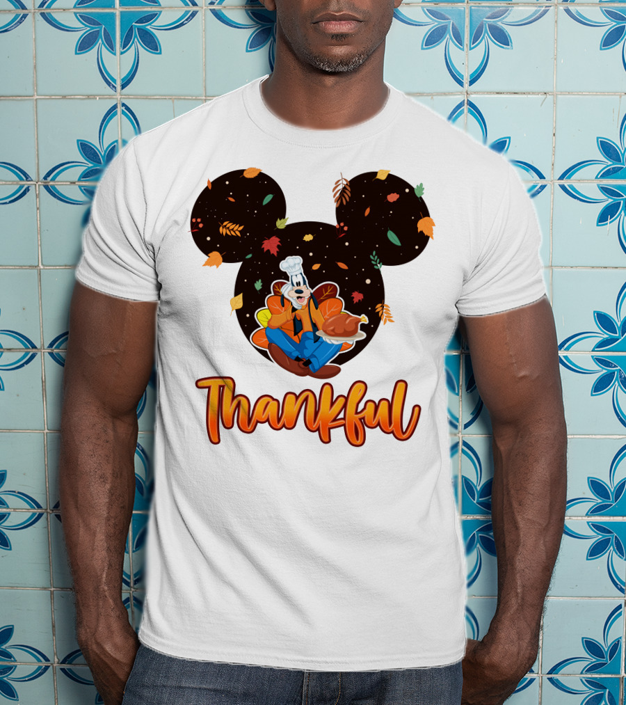 Thankful Goofy Chef With Turkey And Autumn Leaves Mickey Ears T-Shirt