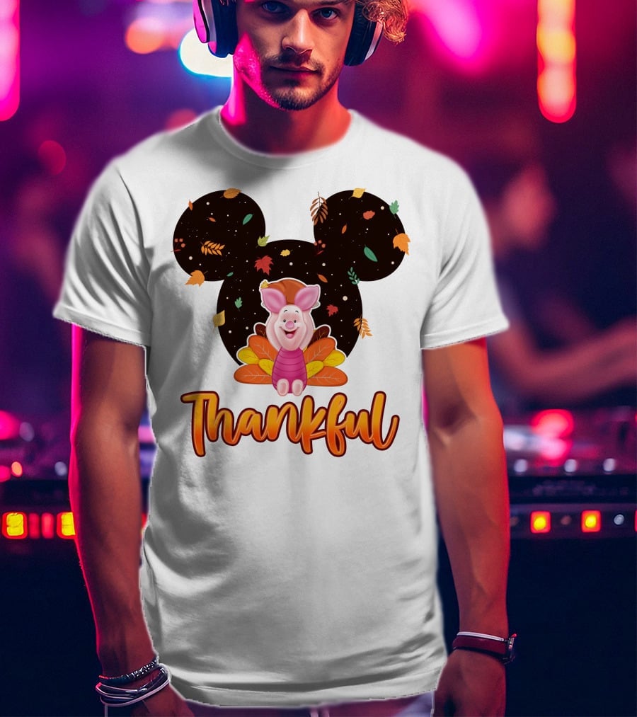 Thankful Piglet With Mickey Ears And Autumn Leaves T-Shirt