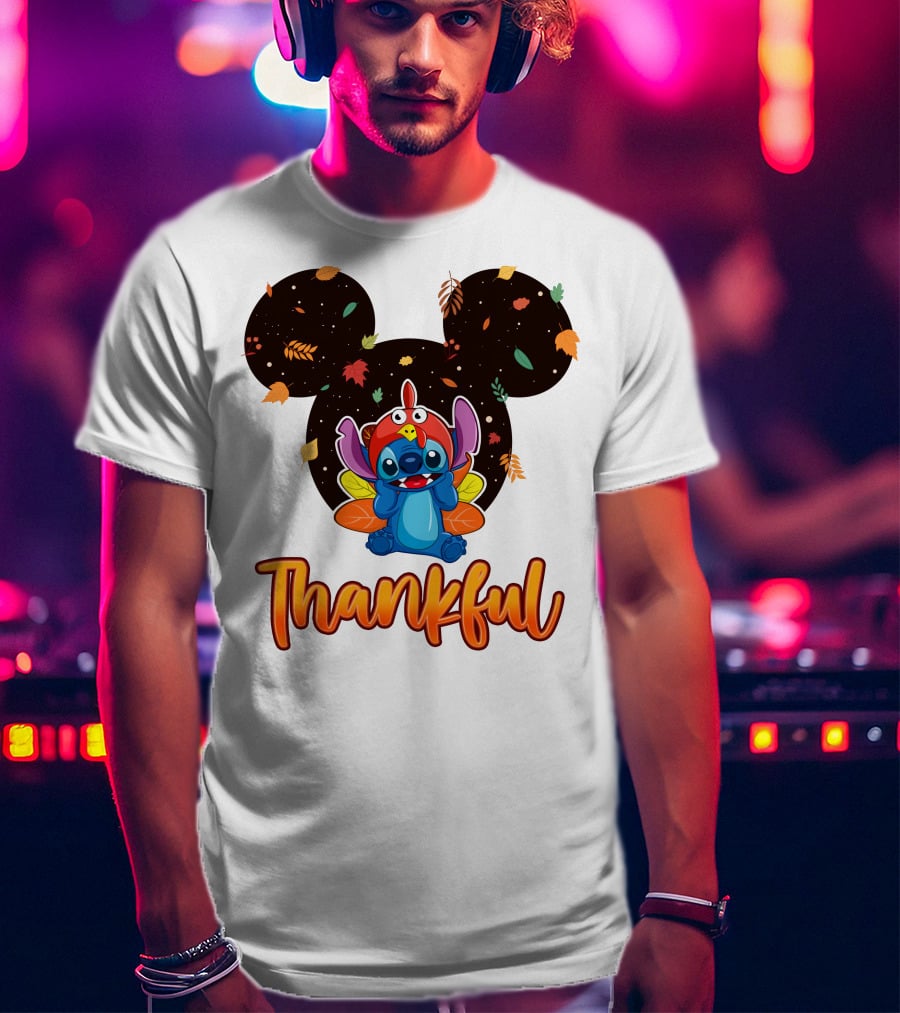 Thankful Stitch Thanksgiving Mickey Ears Autumn Leaves T-Shirt