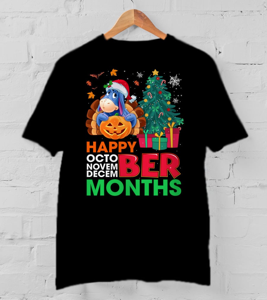 Happy Octo Novem Decem Ber Months Eeyore Pumpkin Christmas Tree Gifts Santa Hat T-Shirt