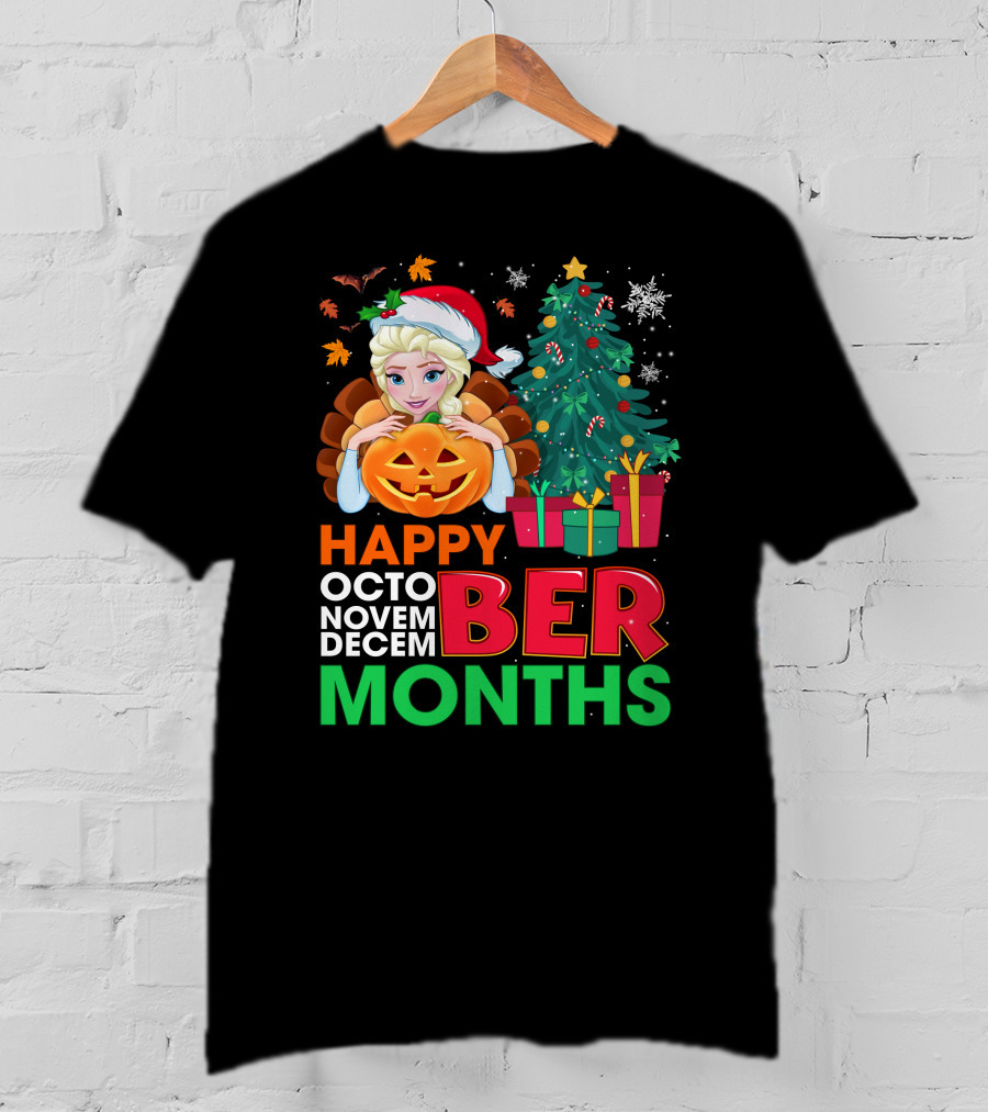 Happy Octo Novem Decem Ber Months Elsa Santa Hat Pumpkin Christmas Tree Presents T-Shirt