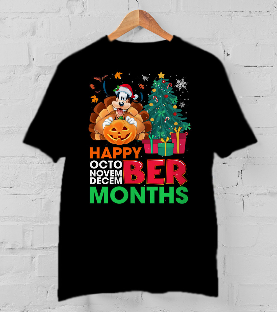 Happy Octo Novem Decem Ber Months Goofy Pumpkin Christmas Tree T-Shirt